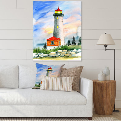 Phare entouré de sapins verts - peinture sur toile