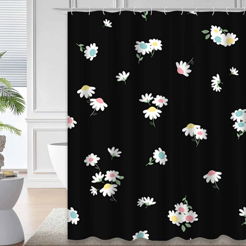 Rideau de douche imperméable à motif floral noir et blanc avec 12 crochets, L 72 po x l 72 po