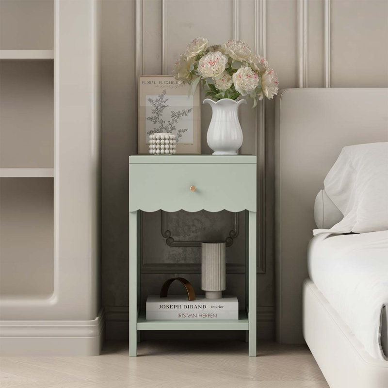 Table de chevet moderne avec tiroir et tablette ouverte, table de chevet festonnée pour chambre à coucher, table d'appoint minimaliste pour chambre d'enfant ou de fille, sauge