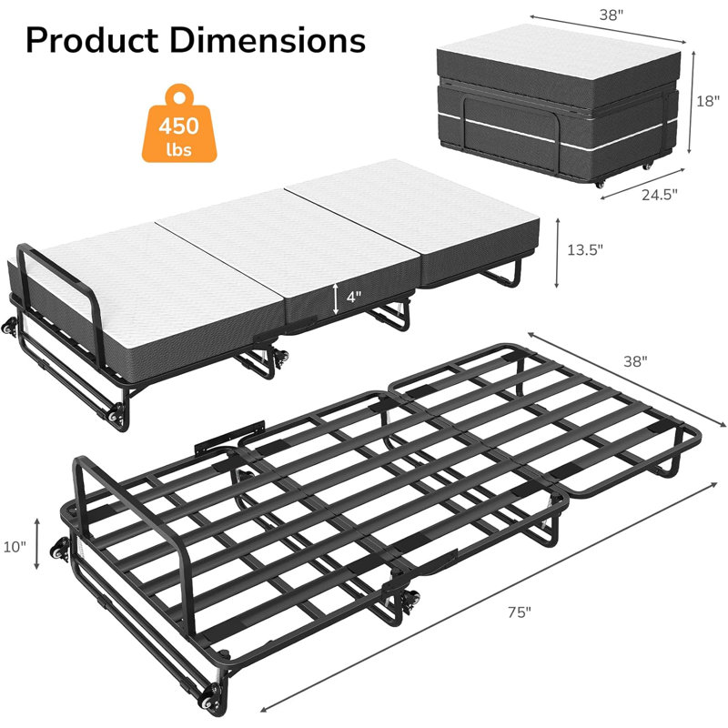 Folding Bed With Mattress, Rollaway Guest Beds With Memory Foam Mattress & Metal Frame For Adults, Converts To Sofa Ottoman, Space-saving Foldable Design For Easy Storage, 75"x32", Black