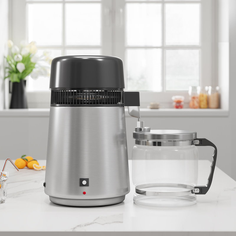 Countertop Water Distiller 4L, 750W Stainless Steel Distilled Water Maker - Digital Display - Glass Jug for Home Use, Silver - 750W 4L Silver Glass Pot