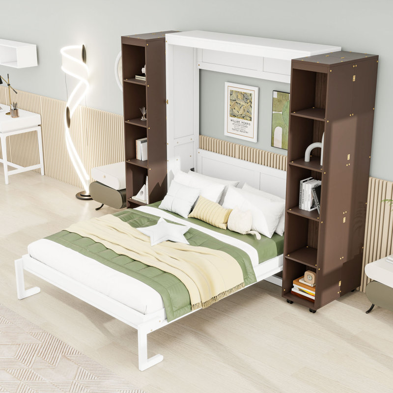 Grand lit escamotable en bois avec tablettes de rangement, Espresso