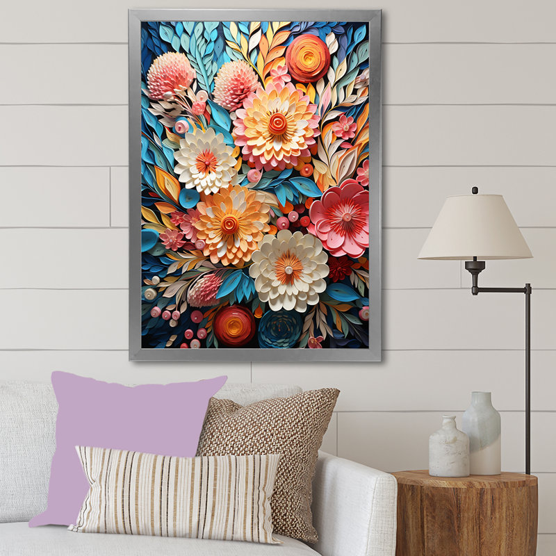Rose et bleu abstrait botanique sur toile, H 40 po x l 30 po x P 1,5 po, Cadre simple argenté