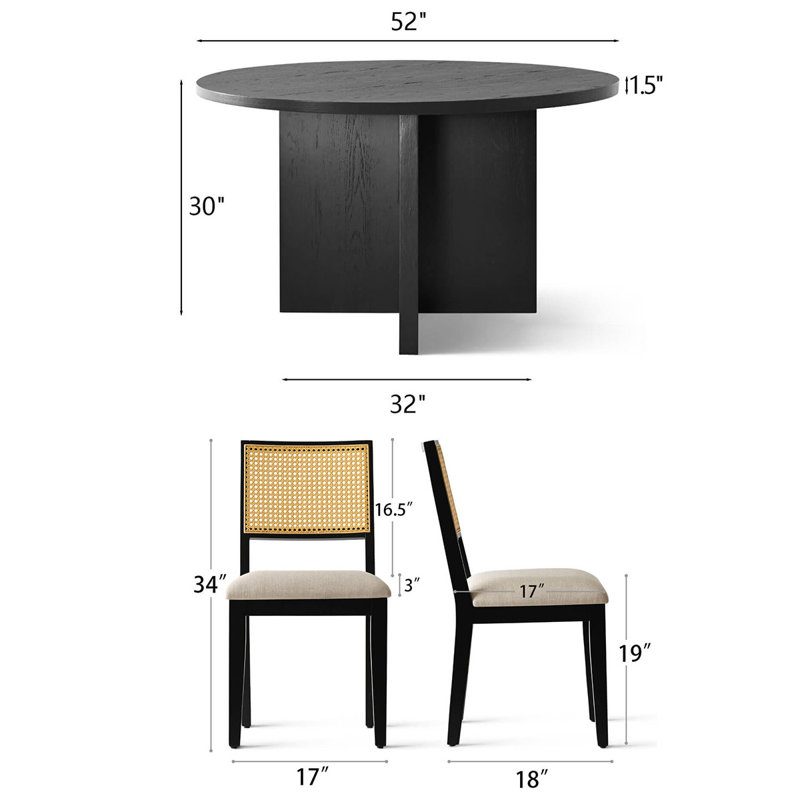 5-Piece 52" Round Pedestal Dining Set With Upholstered Cane Back Chairs, Black