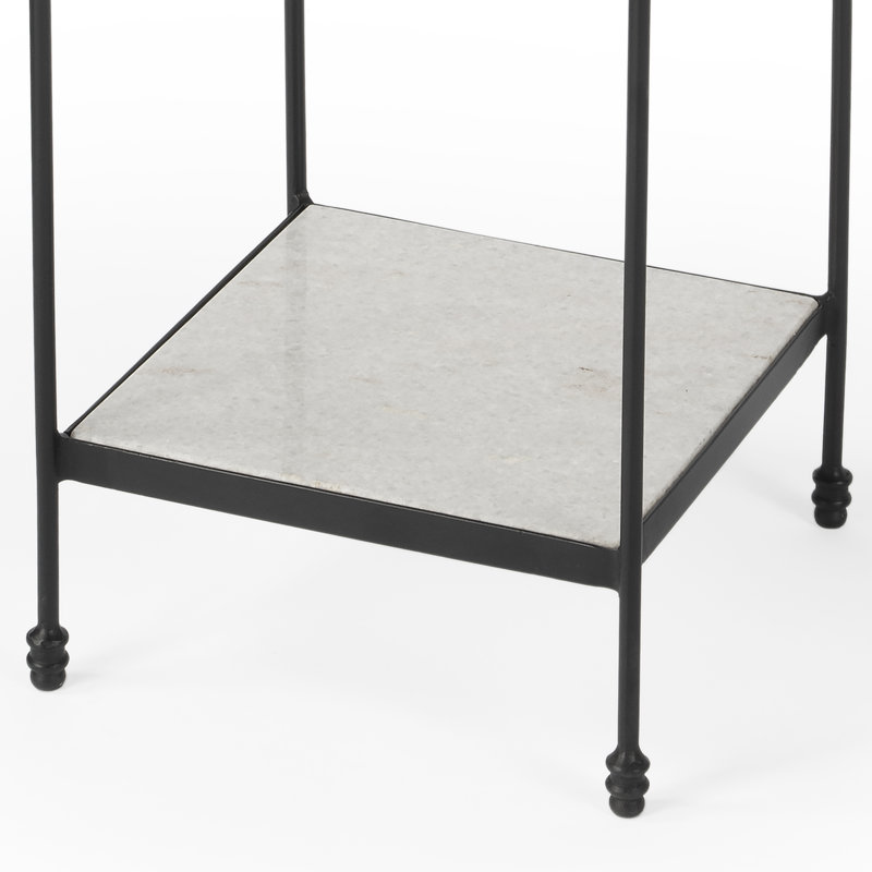 White Marble and Black Metal Square End Table with Shelf
