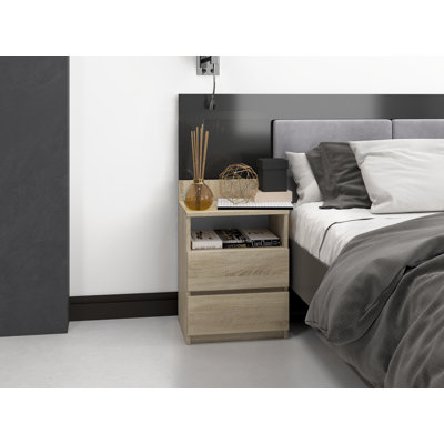 Modern 2-Drawer Bedside Table with Open Shelf: Compact Bedroom Storage (40cmW x 59cmH x 32cmD)