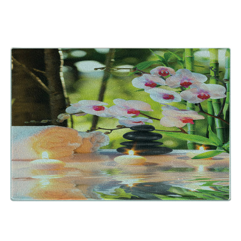 Ambesonne Spa Tempered Glass Cutting Board Spa with Candles Orchids Pale Green Fuchsia