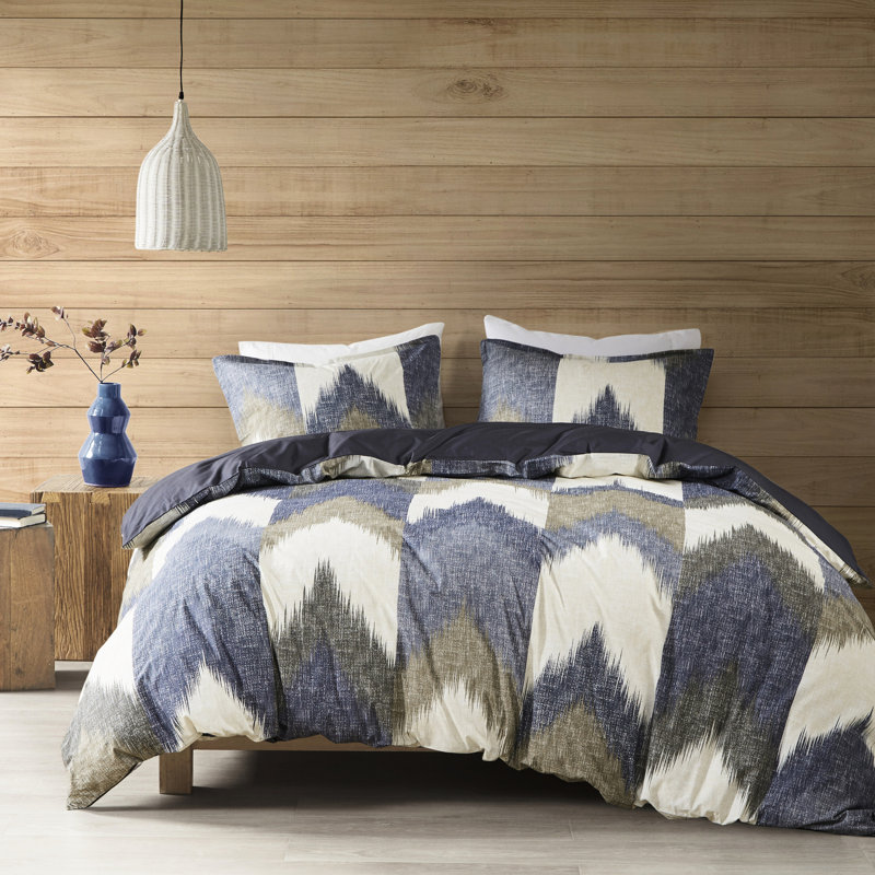 Housse de couette pour lit double / grand lit Mini - coton imprimé avec motif et fermeture à 2 taies décoratives avec attaches de coin à revers pour un look de chambre à coucher moderne