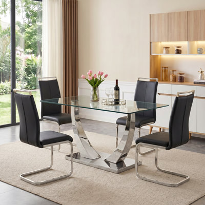 63" Modern Rectangular Tempered Glass Dining Table with U-Shaped Metal Base