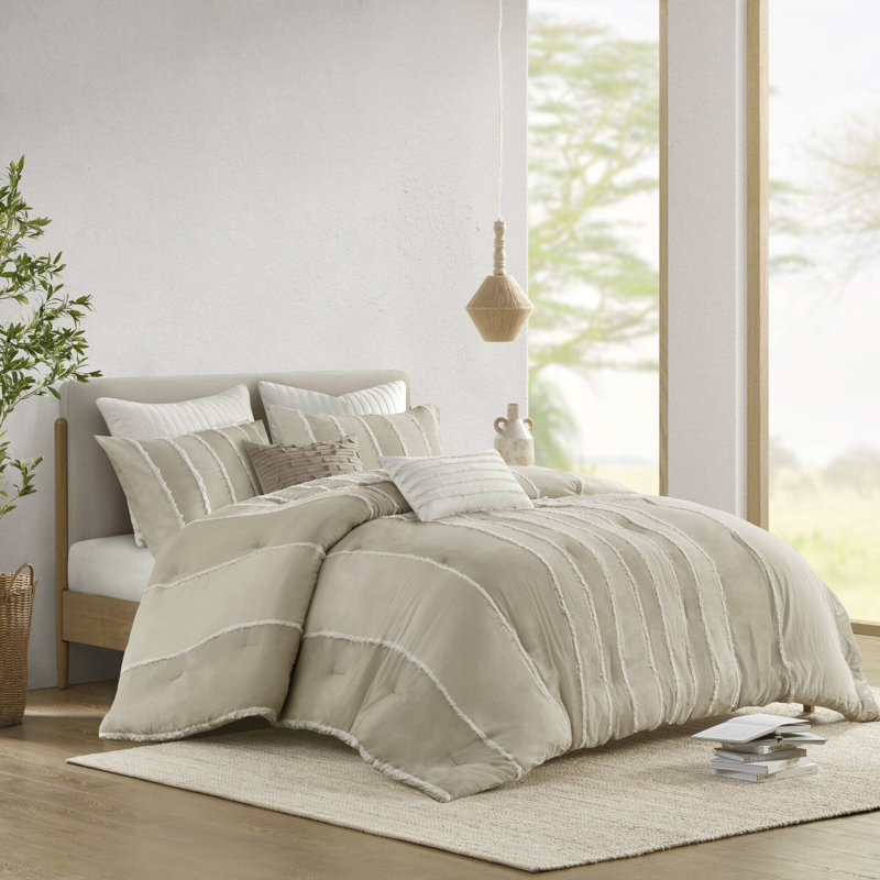 Shay Taupe 3-Piece Striped 100% Cotton King/Cal King Comforter Set, King/CalKing Comforter + 2 King Shams, Taupe