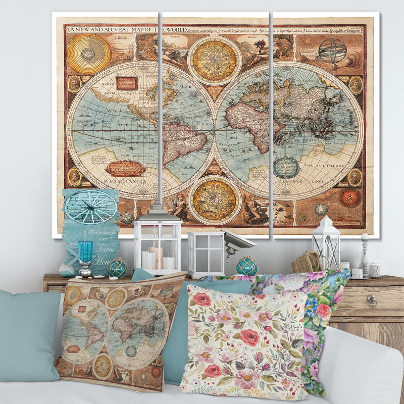 Ancienne carte du monde, impression sur toile tendue, 3 pièces