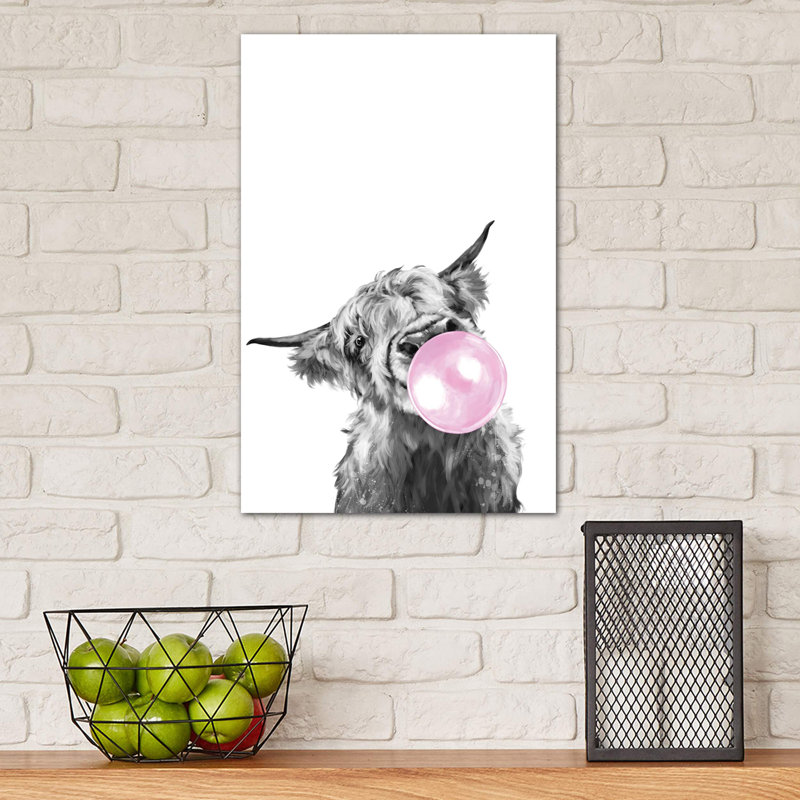Highland Cow Blowing Bubble Gum In Black And White by Big Nose Work - Wrapped Canvas Print, 20.32 cm H x 30.48 cm W
