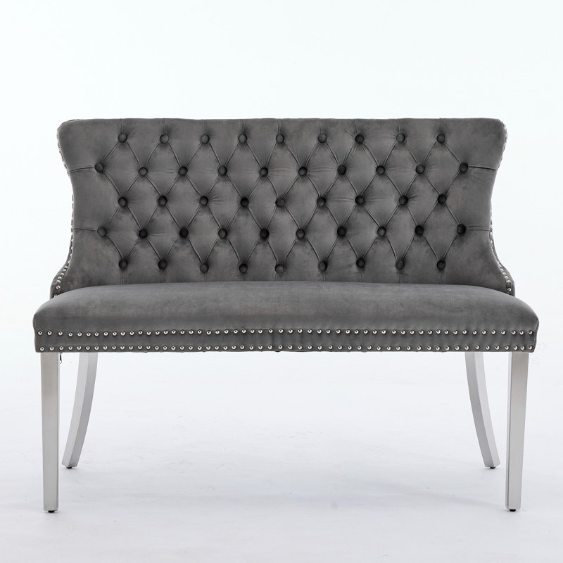 Velvet Double Dining Loveseat Bench, Kitchen & Dining Seating, 2-Seat Tufted Bench With Handmade Buttons, Wing Back, Stainless Steel Legs, Mid Century Modern