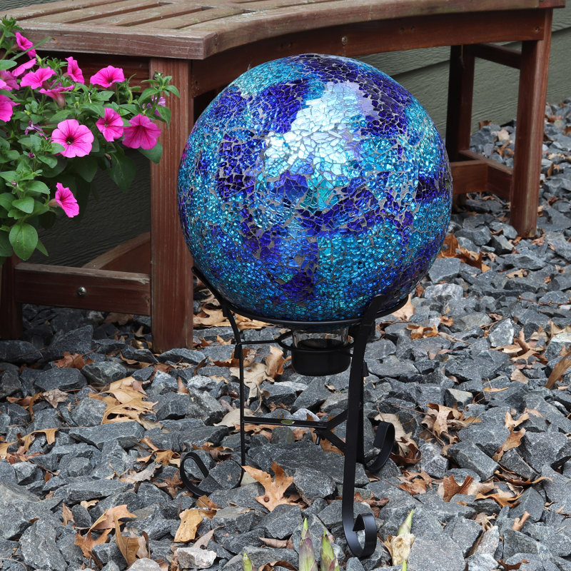 Deep Ocean Blue Crackled Glass Outdoor Gazing Globe, 10"