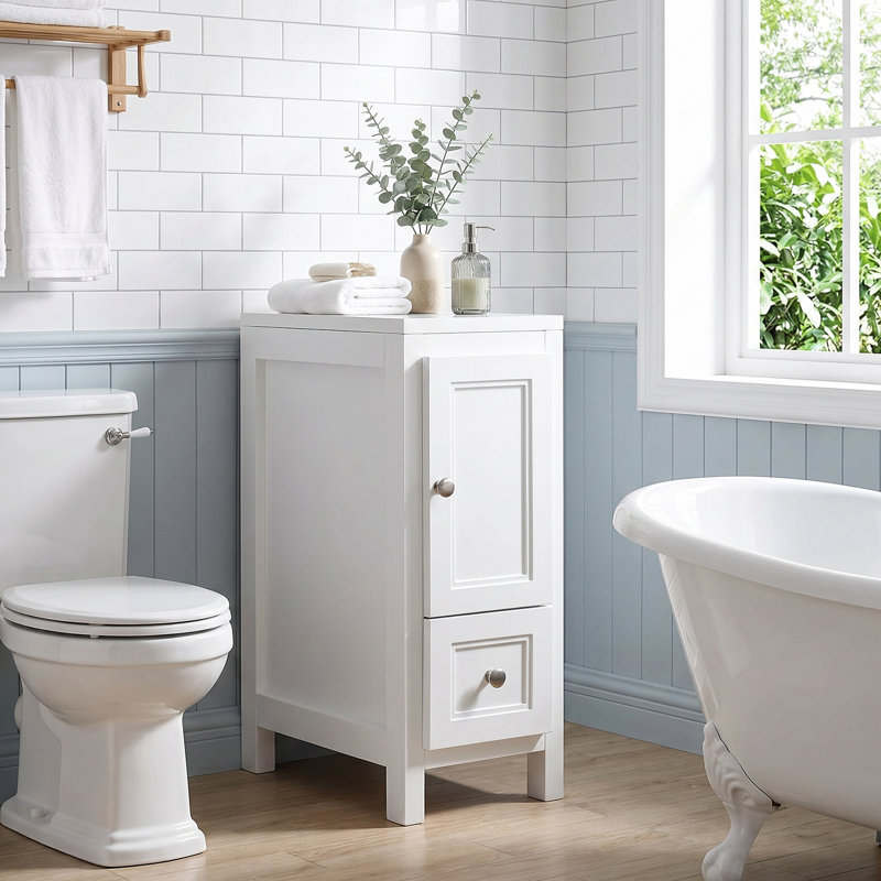 Armoire de rangement étroite blanche, armoire de plancher autoportante mince avec porte simple et tiroir, petite armoire latérale en lin pour salle de bain, toilette, buanderie, armoire compacte avec tablette réglable