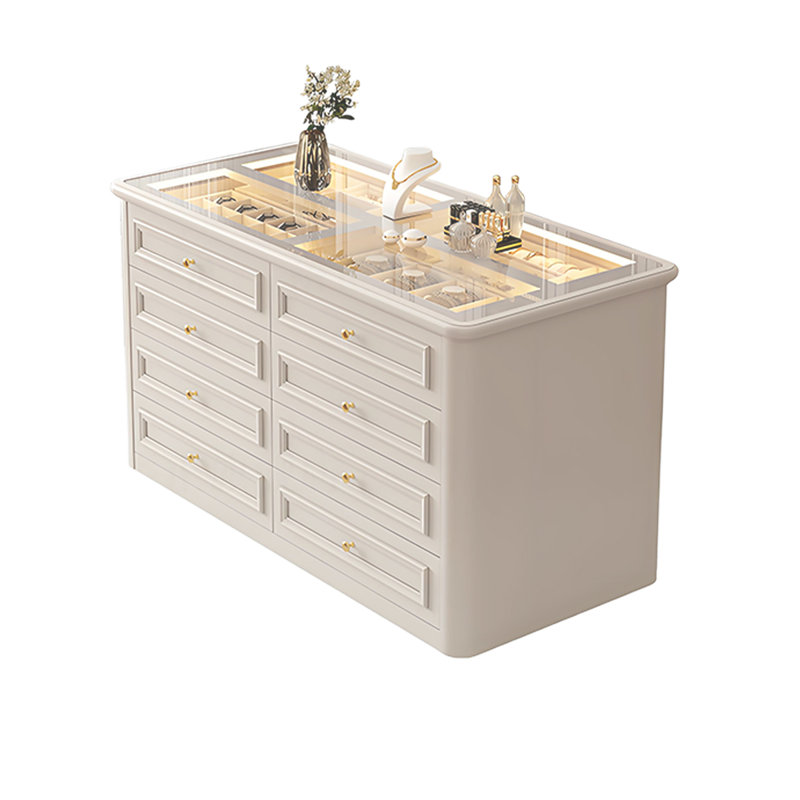 Armoire à bijoux de style français de 62,99 po, armoire vitrée en bois massif et verre trempé avec lumières DEL, rangement de tiroir double face