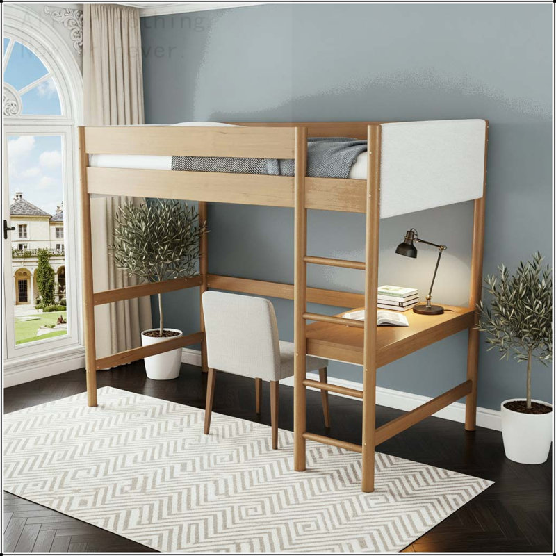 Lit mezzanine simple avec bureau, tête de lit et pied de lit rembourrés Boucle avec échelle, garde-corps de sécurité