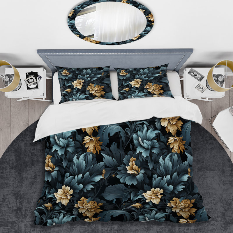 Fleurs de damas bleu foncé - Ensemble de housse de couette damassé, Housse de couette pour grand lit et 2 taies décor