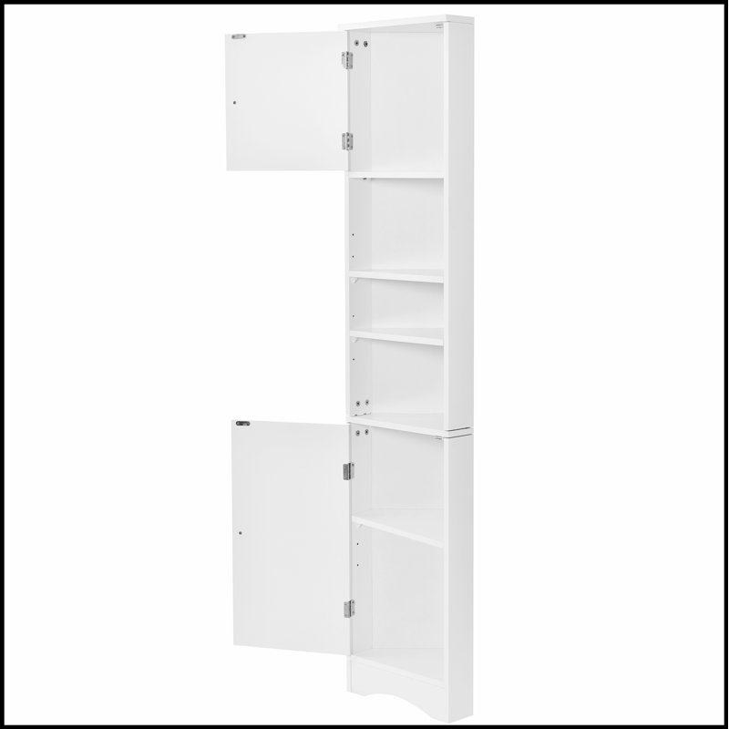 Grande armoire de coin avec deux portes, des tablettes réglables et une tablette ouverte pour économiser de l'espace