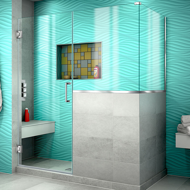 Unidoor Plus 59" W x 36.375" D x 72" H Frameless Pivot Rectangle Shower Enclosure with Fixed Panel, Chrome
