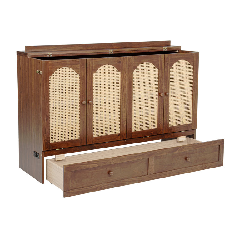 Grand lit escamotable, armoire-lit en bois de pin avec centrale électrique et panneau de décoration en rotin