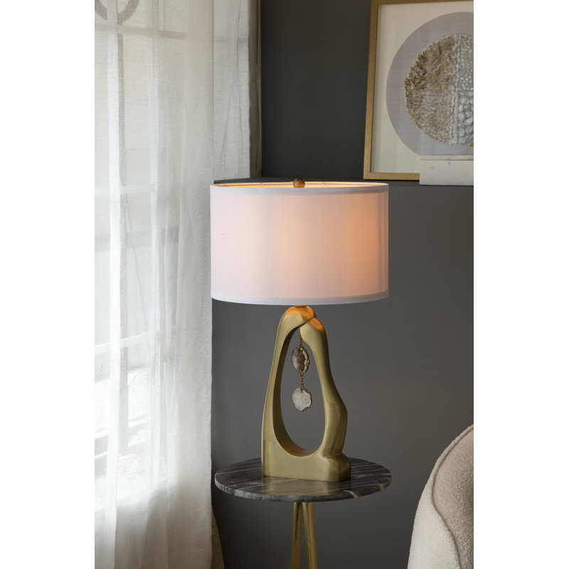 Lampe de table 16 po x 27,5 po de diamètre à géométrie dorée - abat-jour tambour blanc, convient aux chambres à coucher, aux salons et aux bureaux (assemblage de l'abat-jour requis)