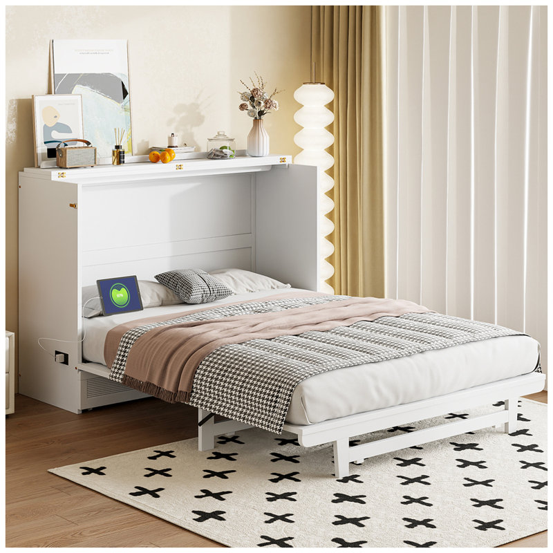 Lit escamotable avec grand tiroir, ports USB et prises USB, Grand lit, Blanc