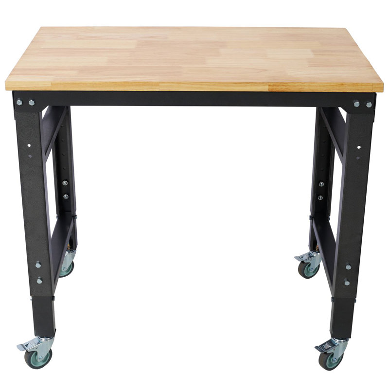 Établi - Établis roulants de garage de 35 po de largeur - Hauteur réglable, banc d’outillage d’atelier, plateau en métal avec plateau en bois d’hévéa, pied martelé noir