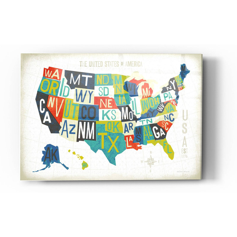 "Typographie américaine carte" par Michael Mullan, art mural en verre acrylique, H 24 po x l 36 po x P 0,2 po