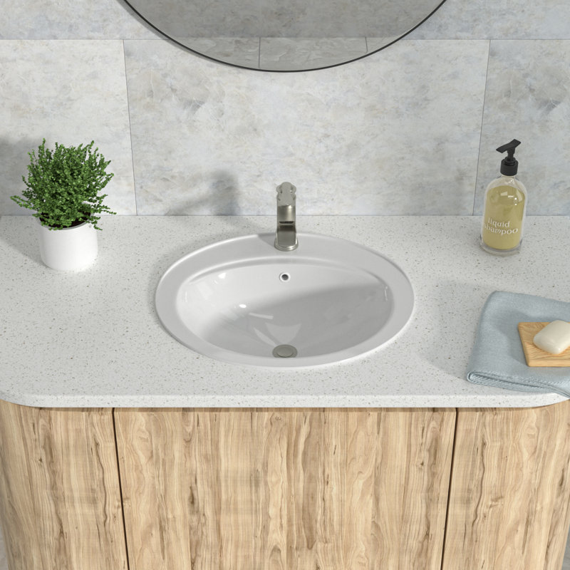 Lavabo de salle de bain ovale encastré 21,8 "x 19,5", lavabo en céramique blanche avec 1 trou pré-percé et trop-plein, lavabo à poser en porcelaine vitrifiée pour salle de bain