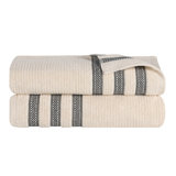 Zero Twist Cotton Ribbed Modern Geometric Border Soft Highly-Absorbent Bath Sheet Set