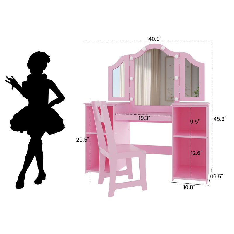 Ensemble de coiffeuse pour enfant Princess 2 en 1 pour fille - Miroir triple amovible avec lumière tactile - Rose