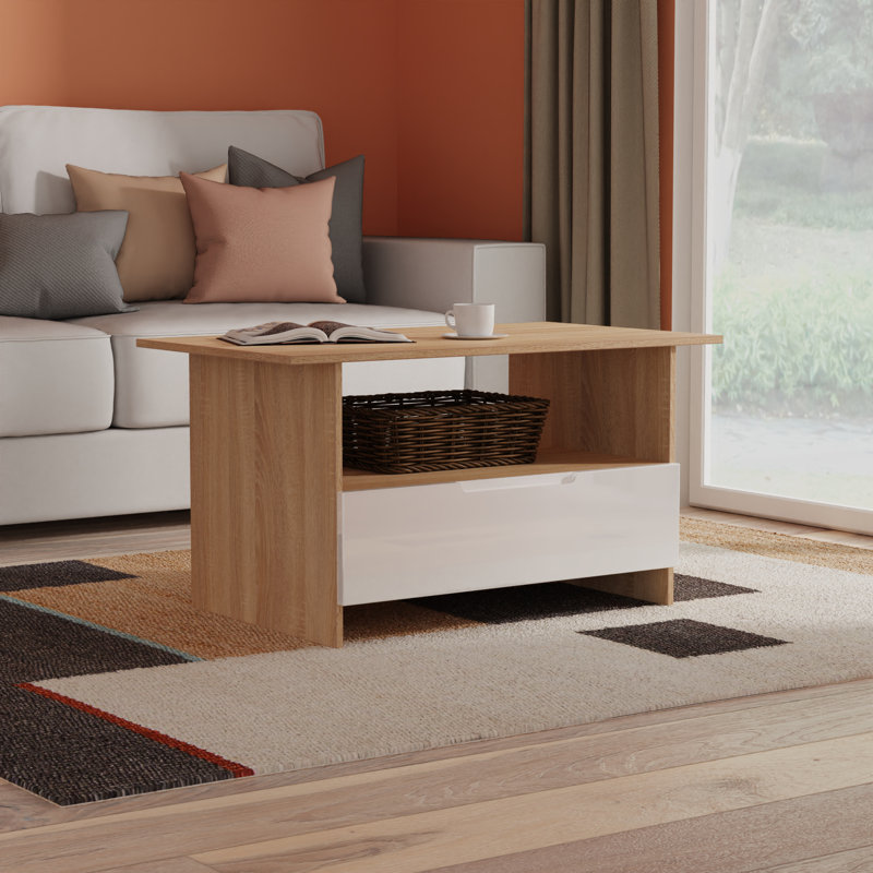Bisma Coffee Table with Storage, White Top/Oak Wood Base