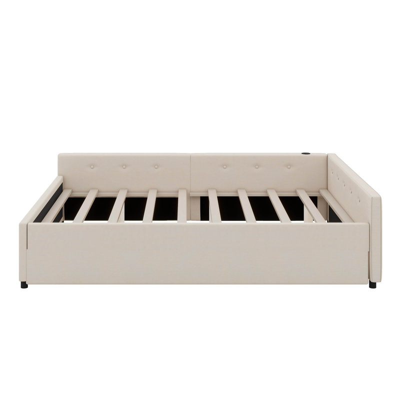 Lit plateforme tapissier Amandra avec port USB et lit gigogne simple, Grand