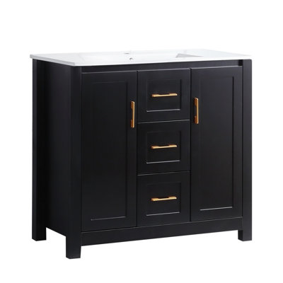 Meuble-lavabo autoportant 36 po avec lavabo simple, lavabo en céramique, armoire de rangement abondante, 2 portes à fermeture douce et 2 tiroirs