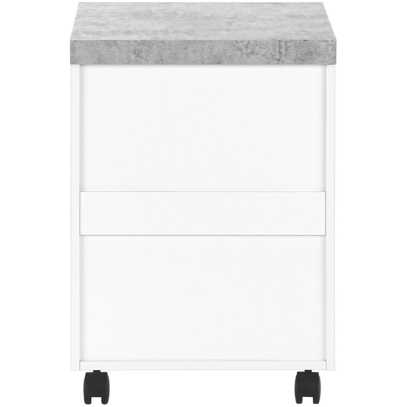 Rolling Office File Cabinet With Drawer Space, White And Grey Cement Laminate, Modern Look Spacious Storage, Laminate Exterior