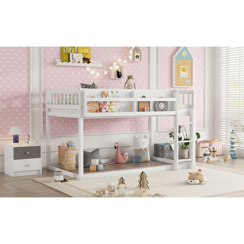 Lit superposé bas simple au-dessus de simple, lit superposé au sol avec échelle, lit superposé simple en bois massif pour enfants et enfants, blanc