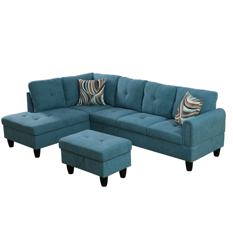 Ensemble canapé d'angle 3 pièces en tissu bleu turquoise avec pouf de rangement, Accoudoir à gauche (vu de face)