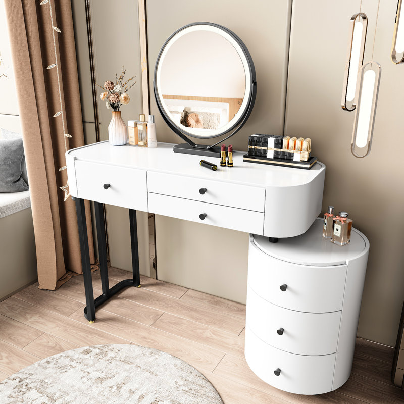 Minimalist Dressing Table With Detachable Round Mirror, Triple - Color Lighting For Facial Details, Three Drawer Storage On Main And Side, Reversible Side Cabinet, Adjustable To Bedroom Layout, White