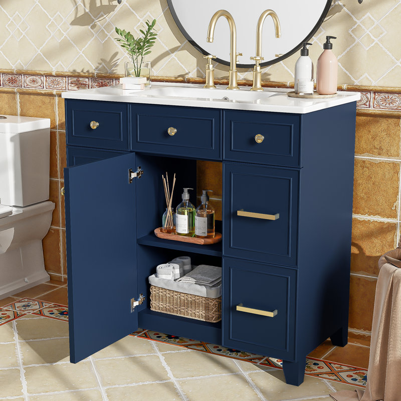 Meuble-lavabo 36 po avec lavabo en céramique, Bleu