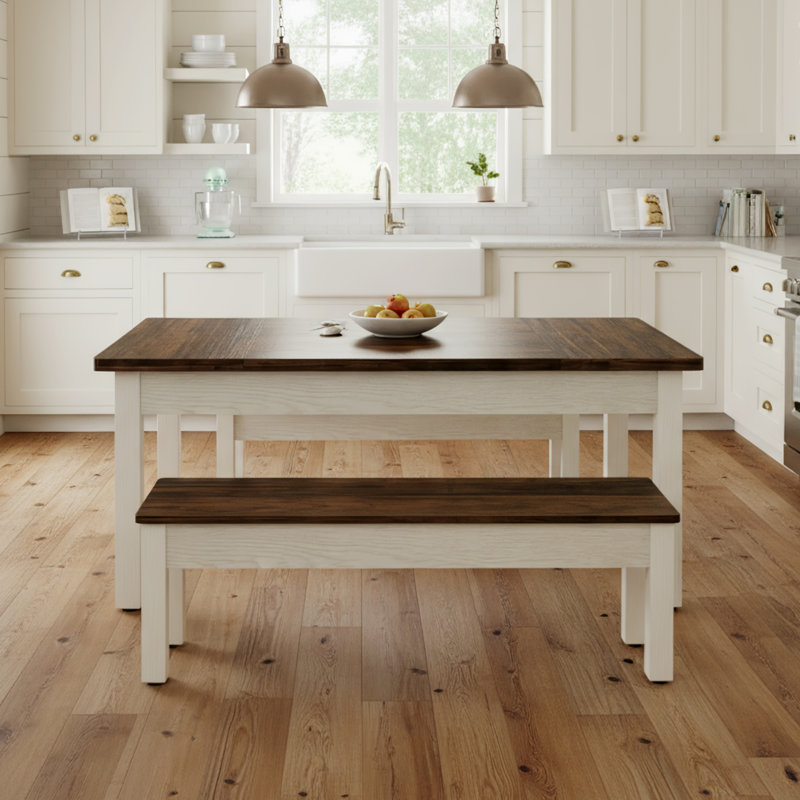 55" Farmhouse Kitchen Table With 2 Benches, 3-piece Wooden Dining Table Set, Brown/White