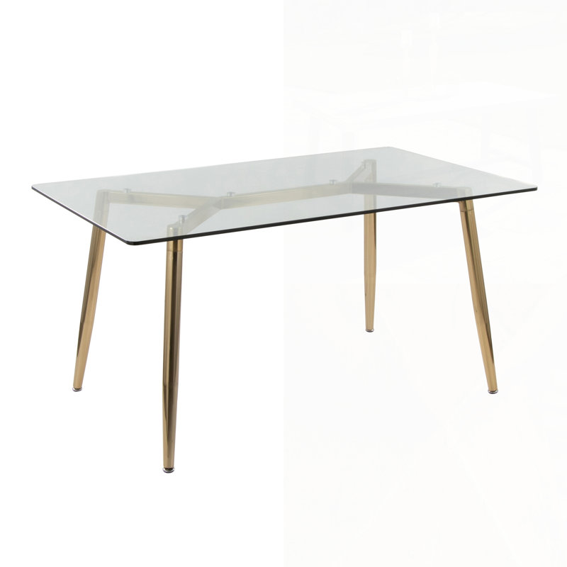 Élégante table de salle à manger en métal doré et en verre transparent, pour les intérieurs contemporains et les petits espaces.