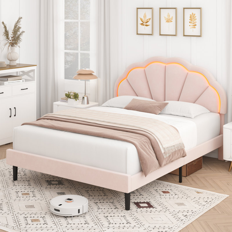 Aisaiah Velvet Upholstered Platform Bed with LED Headboard and Storage, Full, Pink