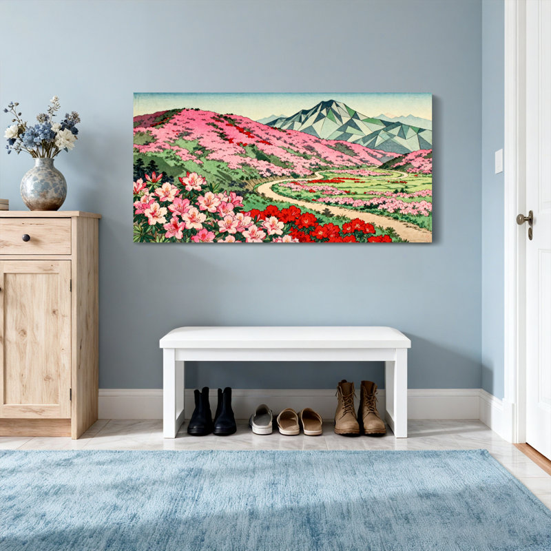 Paysage et nature Paysage de montagne avec fleurs roses et vertes collines, H 28 po x l 58 po