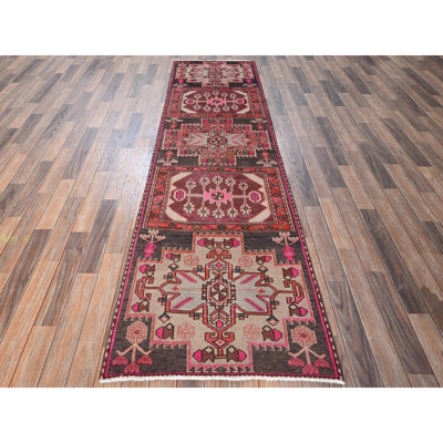 2'9"x9'8" Carob Brown, Vintage Northwest Persian, Worn and Distressed, Sheared Low, Zero Pile, Sides and Ends Professionally Secured, Hand Knotted, 100% Wool, Wide Runner, Oriental Rug