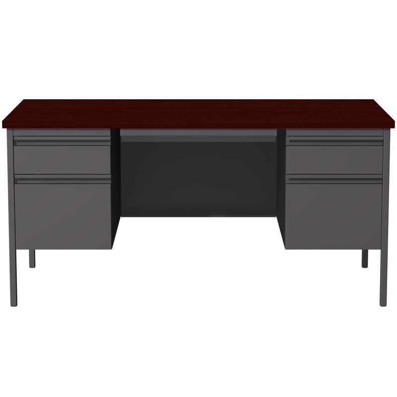 Bureau à double caisson avec tiroir central pour la maison, le bureau ou l'école, Gris anthracite / acajou