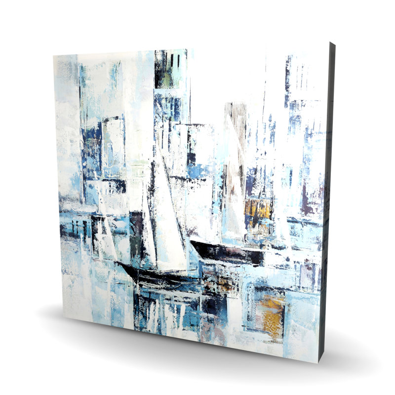 Formes abstraites et bateaux | Décoration de chambre à coucher en toile bleue, H 24 po x l 24 po