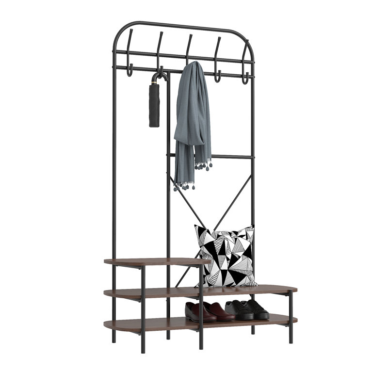 Bruton Industrial Hall Tree with Wood Shelves, Brown