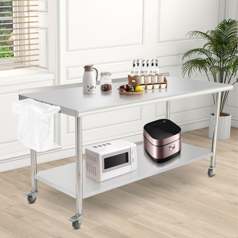 Table de travail roulante pour la cuisine, table de préparation des aliments de 72 po x 30 po avec dosseret et support à déchets amovible, table utilitaire robuste avec roulettes pour l'extérieur, le restaurant et le garage