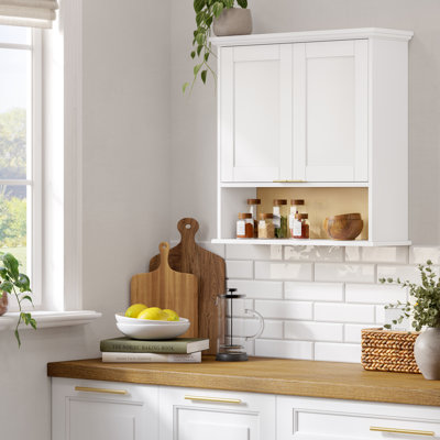 RiverRidge Two-Door Kitchen Storage Wall Cabinet with Woven Rattan Backboard, Soft-Close Hinges, and Adjustable Shelving Wall-Mounted Pantry Cabinet with - White